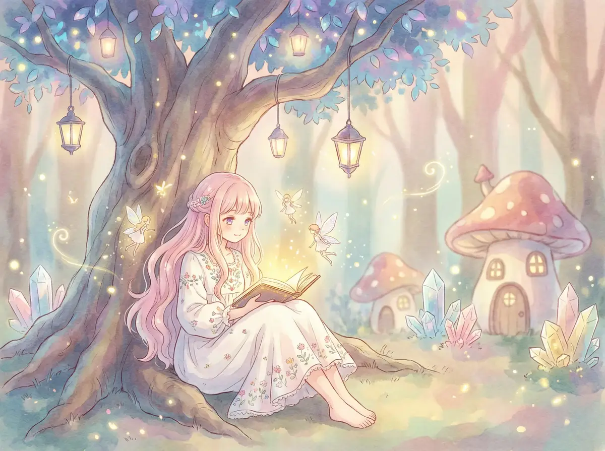 情人我吃糖果 - 魔法森林中阅读故事书的粉发少女与精灵